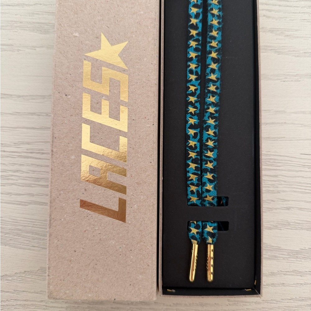 Golden Goose Shoelaces blue and black spots with Gold Tips